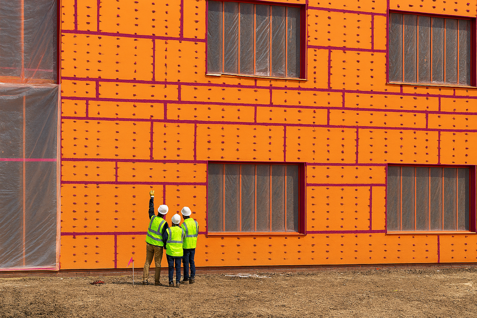 3 construction workers on a jobsite with sheathing and sealant.