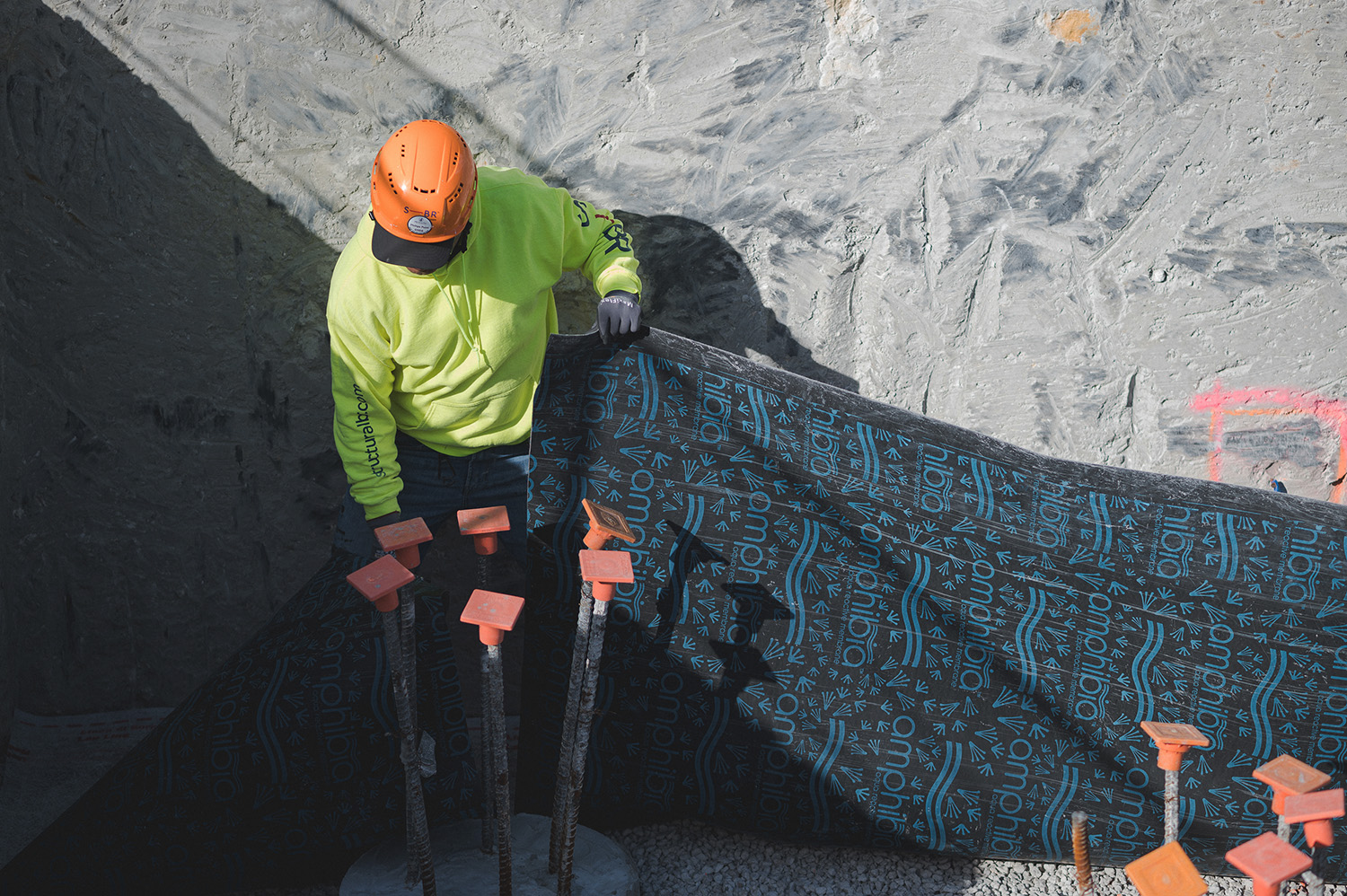Below grade waterproofing install with Amphibia.