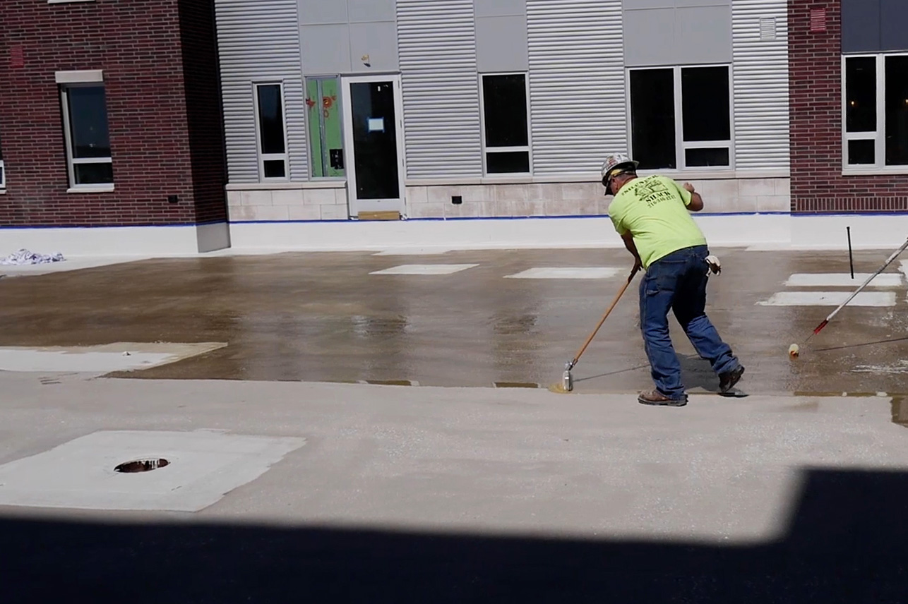 Plaza deck waterproofing installation.